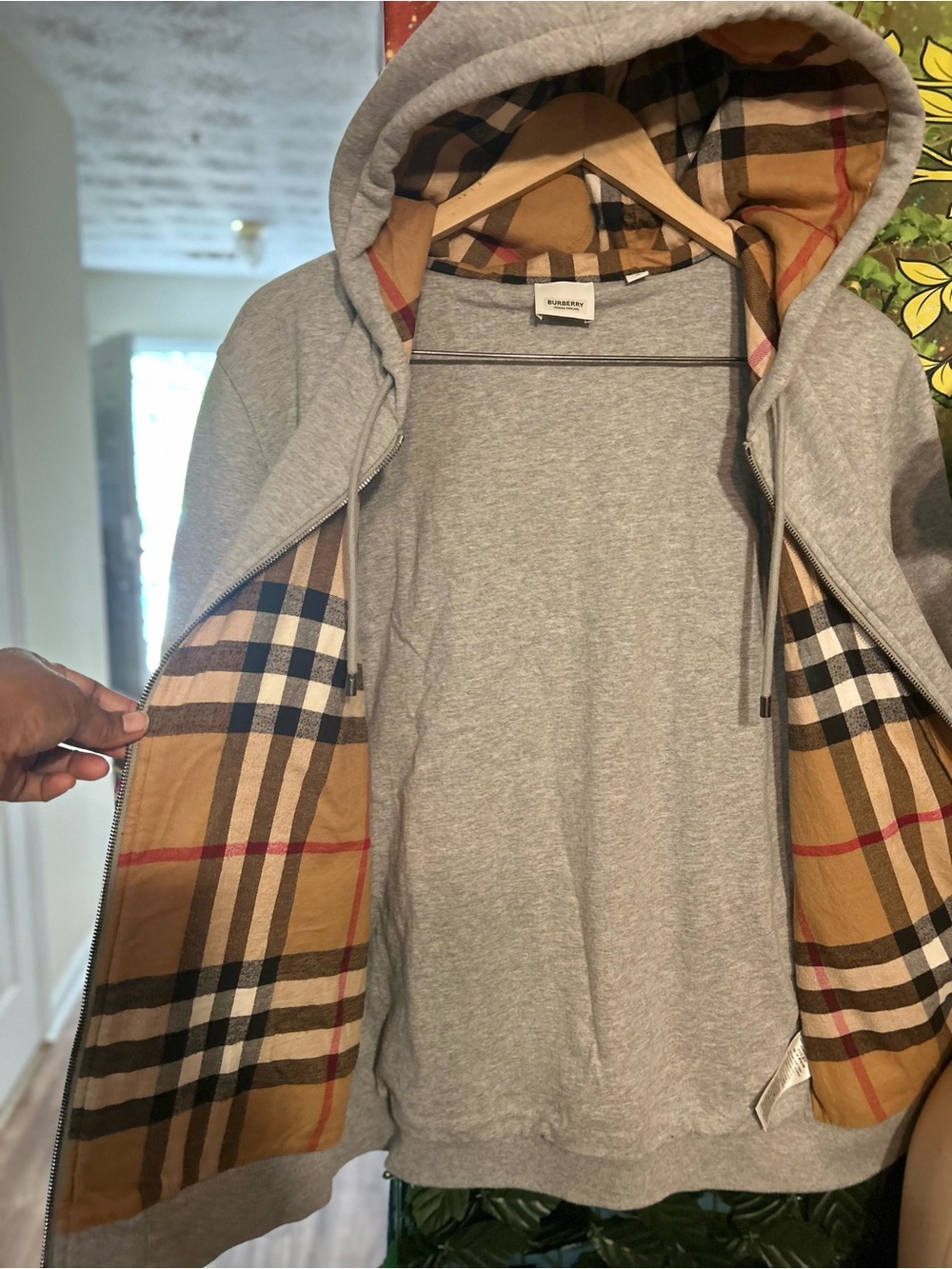 Burberry Light Gray Men's Zip-Up Hoodie with Signature Check Hood Lining